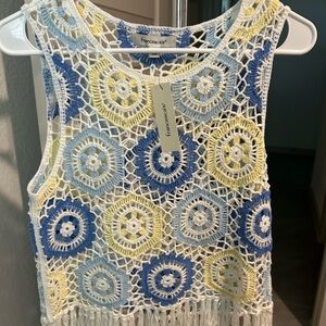 Francesca's Collections Crochet Crop Top in Blue and Yellow